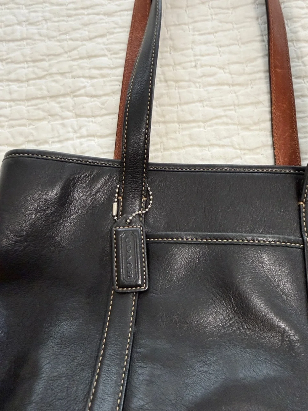 Vintage Coach Hampton Tote Black Leather with Brown Interior Handles - Picture 2 of 7